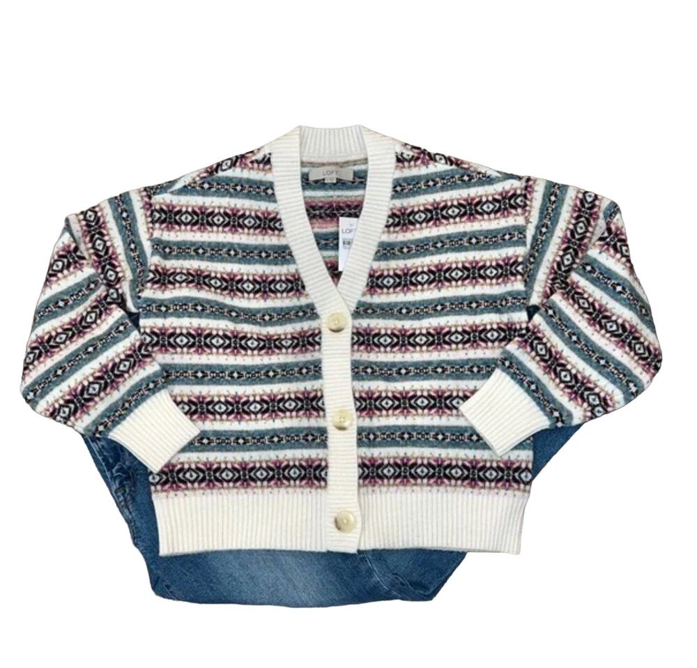 **NWT LOFT Ivory Fair Isle Relaxed Button Front Cardigan Sweater